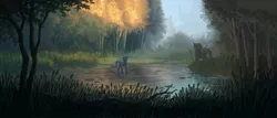 Size: 3500x1500 | Tagged: artist:neeoray, blue changeling, canterlot, cattails, changeling, changeling queen, changeling queen oc, derpibooru import, female, forest, oc, oc:queen lahmia, safe, scenery, scenery porn, solo, spear, statue, swamp, tree, unofficial characters only, weapon