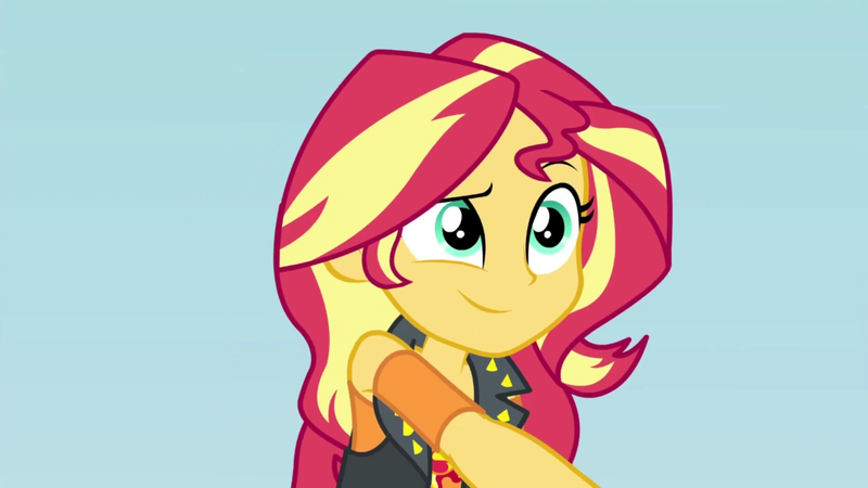 Size: 1920x1080 | Tagged: safe, derpibooru import, screencap, sunset shimmer, cheer you on, equestria girls, equestria girls series, spoiler:eqg series (season 2), grabbing, image, leather vest, png, raised eyebrow, shoulderless shirt, solo, thanks