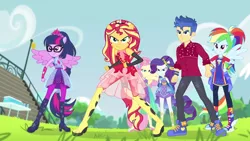 Size: 1920x1080 | Tagged: safe, derpibooru import, screencap, flash sentry, fluttershy, rainbow dash, rarity, sci-twi, sunset shimmer, twilight sparkle, cheer you on, equestria girls, equestria girls series, spoiler:eqg series (season 2), blue sneakers, clothes, converse, female, male, ponied up, scitwilicorn, shoes, sleeveless, super ponied up, wings