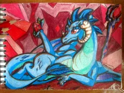 Size: 2160x1620 | Tagged: artist:batrina, bloodstone scepter, coloured pencil, coloured pencil drawing, coloured pencils, derpibooru import, dragon, dragoness, dragon lord ember, female, gem, holding, lying down, princess ember, safe, side, solo, staff, traditional art