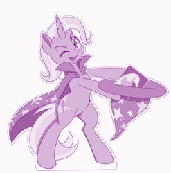 Size: 600x607 | Tagged: safe, artist:dstears, derpibooru import, trixie, pony, unicorn, animated, cape, cardboard cutout, clothes, cute, diatrixes, female, gif, hat, mare, monochrome, one eye closed, simple background, solo, the critic, trixie's cape, trixie's hat, white background, wink
