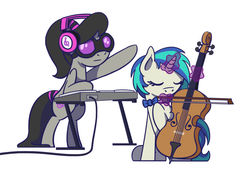 Size: 1800x1350 | Tagged: safe, artist:flutterluv, derpibooru import, octavia melody, vinyl scratch, earth pony, pony, unicorn, bow (instrument), bowtie, cello, cute, duo, headphones, musical instrument, rocktavia, role reversal, simple background, sunglasses, transparent background, turntable, vinyl class