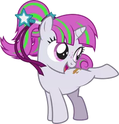 Size: 2168x2257 | Tagged: safe, alternate version, artist:lightning stripe, derpibooru import, edit, oc, oc:zippi, pony, unicorn, accessory-less edit, active stretch, commission, cute, cutie mark, female, filly, foal, freckles, gymnastics, hair bun, hairband, hairpin, horn, missing accessory, one leg raised, pink eyes, pink mane, ponytail, ribbon, show accurate, simple background, smiling, solo, tail bun, transparent background, vector, wand, white coat