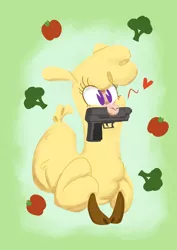 Size: 3036x4299 | Tagged: alpaca, apple, artist:jimmyjamno1, broccoli, cloven hooves, community related, derpibooru import, female, food, gun, handgun, heart, mouth hold, pacman eyes, paprika paca, pistol, safe, solo, them's fightin' herds, weapon