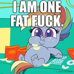 Size: 1080x1080 | Tagged: safe, derpibooru import, edit, edited screencap, screencap, rainbow dash, pegasus, pony, my little pony: pony life, belly, big belly, caption, chips, chubby cheeks, couch, couch potato, crumbs, cute, dashabetes, donut, double chin, fat, female, food, food baby, image macro, mare, missing cutie mark, obese, on back, overweight, potato chips, rainblob dash, remote, sitting, slob, solo, text, tubby wubby pony waifu, vulgar