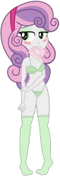 Size: 1024x2997 | Tagged: suggestive, artist:apony4u, artist:nightred15, derpibooru import, edit, sweetie belle, equestria girls, belly button, blushing, bra, breasts, clothes, condom, condom in mouth, female, implied lolicon, jailbait, mouth hold, panties, show accurate, simple background, socks, solo, thong, transparent background, underwear, underwear edit