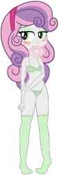 Size: 1024x2997 | Tagged: suggestive, artist:apony4u, artist:nightred15, derpibooru import, edit, sweetie belle, equestria girls, belly button, blushing, bra, breasts, clothes, condom, condom in mouth, delicious flat chest, female, implied lolicon, jailbait, mouth hold, panties, show accurate, simple background, socks, solo, thong, transparent background, underwear, underwear edit