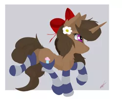 Size: 3712x3024 | Tagged: safe, artist:groomlake, derpibooru import, oc, oc:buttercup shake, pony, unicorn, bow, clothes, colored, cute, female, flower, flower in hair, gray background, love, mare, ribbon, simple, simple background, socks, solo, striped socks