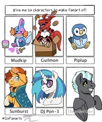 Size: 3000x3582 | Tagged: safe, artist:colten_crimson, derpibooru import, sunburst, thunderlane, vinyl scratch, guilmon, mudkip, pegasus, piplup, pony, unicorn, six fanarts, box, bread, cape, cardboard box, clothes, crossover, digimon, female, food, glasses, male, mare, open mouth, paint, paintbrush, pokémon, raised hoof, sitting, smiling, socks (coat marking), stallion