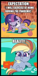 Size: 667x1317 | Tagged: safe, derpibooru import, part of a set, screencap, rainbow dash, twilight sparkle, twilight sparkle (alicorn), alicorn, pegasus, pony, my little pony: pony life, angry, barbell, belly, big belly, book, bookshelf, chips, chubby cheeks, coronavirus, couch, couch potato, covid-19, crumbs, donut, double chin, exercise, expectation vs reality, fat, female, folded wings, food, food baby, gritted teeth, kettlebell, mare, missing cutie mark, obese, on back, overweight, potato chips, push-ups, radio, rainblob dash, remote, sitting, slob, solo, sweat, tubby wubby pony waifu, weight, wings, workout