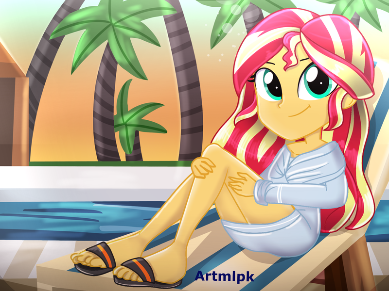 Size: 2048x1536 | Tagged: safe, artist:artmlpk, derpibooru import, sunset shimmer, equestria girls, adorable face, adorkable, alternate hairstyle, bathrobe, beautiful, clothes, cute, digital art, dork, feet, female, looking at you, palm tree, plant, robe, sandals, seat, shimmerbetes, sitting, smiling, smiling at you, solo, spa, sunset, swimming pool, tree, watermark