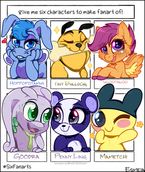 Size: 828x978 | Tagged: safe, artist:esmeia, derpibooru import, scootaloo, anthro, dog, goodra, pegasus, pony, six fanarts, anthro with ponies, blush sticker, blushing, bone, bulldog, bust, colored hooves, crossover, drool, eyes closed, female, filly, heart, hoppopotamus, littlest pet shop, mametchi, mouth hold, one eye closed, penny ling, pokémon, smiling, tamagotchi, the wuzzles, tom and jerry, wink