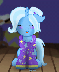 Size: 600x736 | Tagged: safe, artist:bastbrushie, derpibooru import, trixie, pony, unicorn, :p, alternate hairstyle, animated, babysitter trixie, bastbrushie is trying to kill us, blushing, chest fluff, clothes, cute, daaaaaaaaaaaw, diatrixes, eyes closed, female, fluffy, full face view, gameloft, gameloft interpretation, gif, ground, happy, hoodie, mare, pigtails, silly, silly pony, sitting, solo, sweat, sweater, tail, text, tongue out, twintails, wood