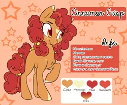 Size: 878x724 | Tagged: safe, artist:esmeia, derpibooru import, oc, oc:cinnamon crisp, unofficial characters only, earth pony, pony, earth pony oc, female, heart, mare, raised hoof, reference sheet, solo