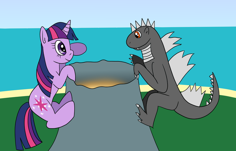 Size: 1600x1024 | Tagged: safe, artist:platinumdrop, derpibooru import, twilight sparkle, oc, oc:godzilla, kaiju, pony, unicorn, climbing, giant pony, godzilla, godzilla (series), macro, request, unicorn twilight, volcano