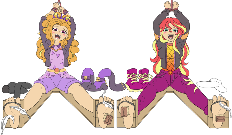 Size: 2600x1520 | Tagged: suggestive, artist:tadashibaka, derpibooru import, adagio dazzle, sunset shimmer, human, equestria girls, barefoot, belt, blushing, bondage, boots, bracelet, breasts, brush, clothes, commission, crying, erotic tickling, feather, feet, female, females only, femsub, fetish, foot fetish, headband, high heel boots, humanized, jacket, jeans, laughing, leather jacket, open mouth, pants, rope, rope bondage, shirt, shoes, short, simple background, socks, soles, spiked wristband, stockings, stocks, submissive, t-shirt, tanktop, tears of laughter, thigh highs, tickle fetish, tickle torture, tickling, toe tied, toes, transparent background, wristband
