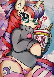 Size: 1441x2048 | Tagged: suggestive, artist:canvymamamoo, derpibooru import, moondancer, pony, unicorn, cherry blossoms, chopsticks, chubby, clothes, cup noodles, cute, dancerbetes, ear fluff, exclamation point, female, flower, flower blossom, glasses, holding, instant noodles, interrobang, looking at you, mare, open mouth, panties, question mark, socks, solo, striped socks, sweater, traditional art, underhoof, underwear