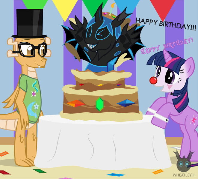 Size: 1385x1257 | Tagged: safe, artist:wheatley r.h., derpibooru import, oc, oc:myoozik the dragon, oc:twi clown, oc:w. rhinestone eyes, unofficial characters only, changeling, dragon, unicorn, banners, bat wings, bipedal, birthday cake, blue changeling, bowtie, cake, changeling oc, clothes, clown makeup, clown nose, confetti, cutie mark, cutie mark on clothes, dragon oc, eyes closed, female, food, gem, glasses, hair, happy, happy birthday, hat, honeypot changeling, horn, male, mane, mare, sharp teeth, shirt, spread arms, spread wings, table, tablecloth, teeth, top hat, unicorn oc, vector, watermark, wings