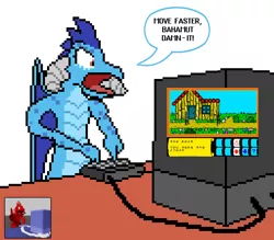 Size: 768x672 | Tagged: angry, artist:derek the metagamer, comic, derpibooru import, dragon, dragonia, dragonia (video game), ember is not amused, keyboard, pixel art, princess ember, safe, screenshots, sinclair zx specturm, television, unamused, video game, voxel art, yelling, zx spectrum