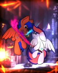 Size: 4000x5000 | Tagged: safe, artist:parabellumpony, derpibooru import, oc, oc:griffin, oc:zephyr leaf, unofficial characters only, pegasus, pony, commission, fight, flame sword, male, sword, weapon