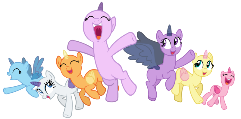 Size: 3000x1487 | Tagged: safe, artist:pegasski, derpibooru import, oc, unofficial characters only, alicorn, pony, unicorn, the cutie re-mark, alicorn oc, bald, base, eyes closed, group, horn, jumping, open mouth, raised hoof, simple background, transparent background, underhoof, unicorn oc, wings