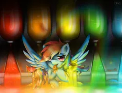 Size: 2600x2000 | Tagged: safe, artist:thetarkaana, derpibooru import, rainbow dash, pegasus, pony, fanfic:rainbow factory, eye clipping through hair, female, licking, liquid rainbow, mare, rainbow factory dash, solo, spectra, spread wings, tongue out, wings