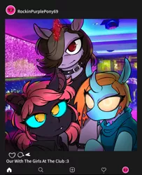 Size: 1400x1724 | Tagged: safe, artist:cursed-saphire-hart, derpibooru import, ponified, bat pony, changedling, changeling, pony, unicorn, bat ponified, bat wings, bust, changedlingified, clothes, collar, curved horn, eddsworld, female, glowing horn, hair over one eye, horn, mare, meta, race swap, selfie, smiling, species swap, twitter, wings