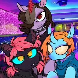 Size: 1300x1300 | Tagged: safe, alternate version, artist:cursed-saphire-hart, derpibooru import, ponified, bat pony, changedling, changeling, pony, unicorn, bat ponified, bat wings, bust, changedlingified, clothes, collar, curved horn, eddsworld, female, glowing horn, hair over one eye, horn, mare, race swap, selfie, smiling, species swap, wings