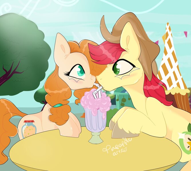 Size: 2048x1840 | Tagged: safe, artist:pineappleartz, derpibooru import, bright mac, pear butter, earth pony, pony, the perfect pear, brightbutter, female, glass, male, milkshake, scene interpretation, shipping, straight, straw, table, tent, tree