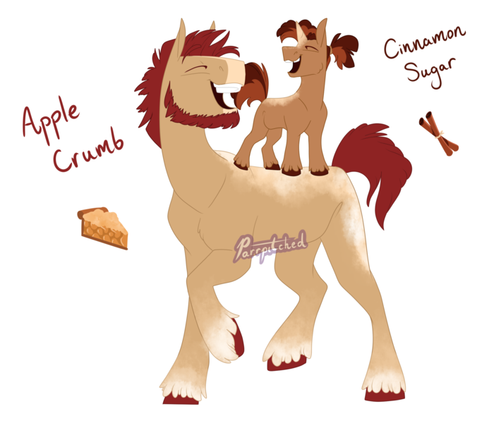 Size: 2310x2000 | Tagged: safe, artist:parrpitched, deleted from derpibooru, derpibooru import, oc, oc:apple crumb, oc:cinnamon sugar, unofficial characters only, earth pony, pony, unicorn, colt, magical gay spawn, male, offspring, parent:big macintosh, parent:donut joe, parents:donutmac, simple background, stallion, transparent background, watermark