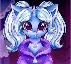 Size: 3000x2712 | Tagged: safe, artist:mite-lime, derpibooru import, trixie, pony, unicorn, alternate hairstyle, babysitter trixie, bust, cheek fluff, choker, clothes, cute, diatrixes, ear fluff, female, gameloft interpretation, hoodie, looking at you, mare, pigtails, smiling, solo, twintails