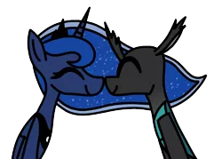 Size: 1316x940 | Tagged: safe, artist:rainbowbacon, derpibooru import, princess luna, oc, oc:steel crescent, alicorn, changeling, canon x oc, changeling oc, duo, eyes closed, female, happy, love, male, nuzzling, shipping, simple background, smiling, straight, transparent background