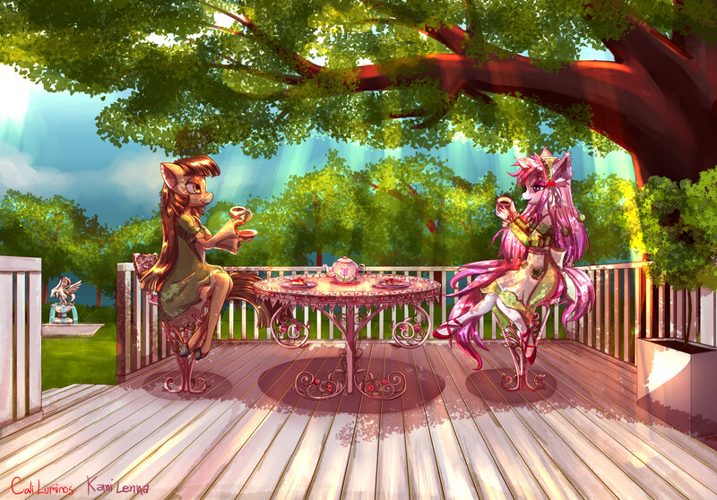 Size: 4300x3000 | Tagged: safe, artist:cali luminos, artist:kamikazelenna, derpibooru import, oc, oc:aine, oc:lenna, unofficial characters only, anthro, earth pony, pony, unguligrade anthro, unicorn, anthro oc, arm hooves, clothes, collaboration, cute, dress, female, floral head wreath, flower, flower in hair, food, garden, mare, outdoors, shoes, sitting, socks, tea, tree