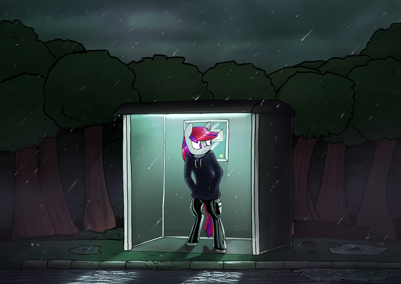 Size: 7016x4961 | Tagged: safe, artist:tenenbris, derpibooru import, oc, unofficial characters only, anthro, bus stop, casual latex, clothes, forest, image, latex, latex pants, latex under clothes, night, outdoors, pants, parka, png, rain, road, solo, waiting