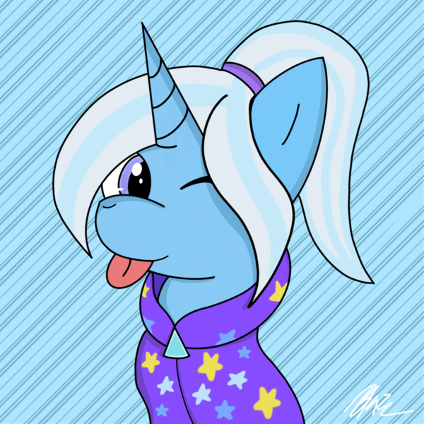 Size: 2048x2048 | Tagged: safe, artist:blazep0ny, derpibooru import, trixie, pony, unicorn, :p, alternate hairstyle, babysitter trixie, clothes, cute, gameloft, gameloft interpretation, hoodie, one eye closed, ponytail, solo, tongue out, wink