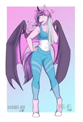 Size: 2648x3893 | Tagged: safe, artist:blackblood-queen, derpibooru import, oc, oc:battica, unofficial characters only, alicorn, anthro, bat pony, bat pony alicorn, unguligrade anthro, alicorn oc, anthro oc, bat pony oc, bat wings, belly button, clothes, commission, digital art, fangs, female, horn, leggings, leg warmers, mare, markings, midriff, pale belly, smiling, solo, sports bra, sports pants, towel, wings, workout outfit