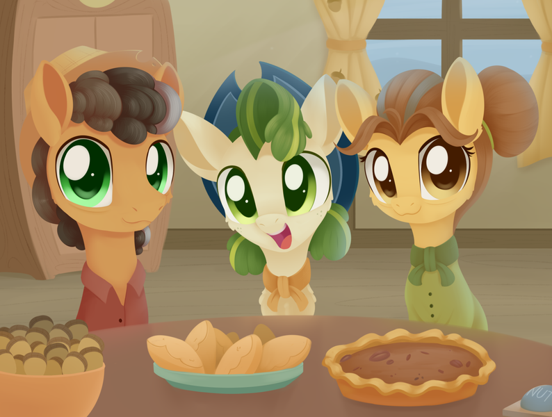 Size: 1569x1185 | Tagged: safe, artist:dusthiel, derpibooru import, butternut, oak nut, pistachio, earth pony, pony, best gift ever, acorn, cheek fluff, chest fluff, cowboy hat, cute, ear fluff, family, food, hat, open mouth, pie, stetson