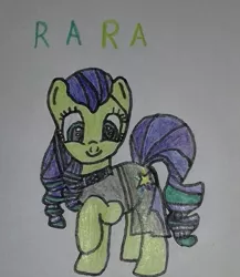 Size: 561x646 | Tagged: safe, artist:electric spark, derpibooru import, coloratura, earth pony, pony, cute, female, mare, one hoof raised, rara, rarabetes, simple background, smiling, text, traditional art, white background