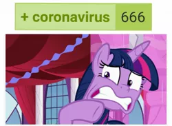 Size: 1269x931 | Tagged: safe, derpibooru import, edit, edited screencap, screencap, twilight sparkle, twilight sparkle (alicorn), alicorn, pony, derpibooru, between dark and dawn, 666, coronavirus, covid-19, meta, scared, solo, tags, twilighting