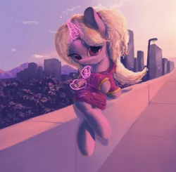 Size: 4050x3968 | Tagged: safe, artist:vultraz, derpibooru import, trixie, pony, unicorn, absurd resolution, alternate hairstyle, babysitter trixie, city, clothes, crackers, cute, diatrixes, eating, female, food, hoodie, levitation, magic, peanut butter, peanut butter crackers, pigtails, solo, telekinesis, twintails