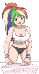 Size: 1114x2112 | Tagged: suggestive, artist:sumin6301, artist:sumin6301 edits, color edit, derpibooru import, edit, rainbow dash, equestria girls, abs, belly button, big breasts, breasts, busty rainbow dash, clothes, colored, computer, digital art, female, human coloration, laptop computer, looking at you, midriff, simple background, solo, sports bra, sports panties, surprised, white background