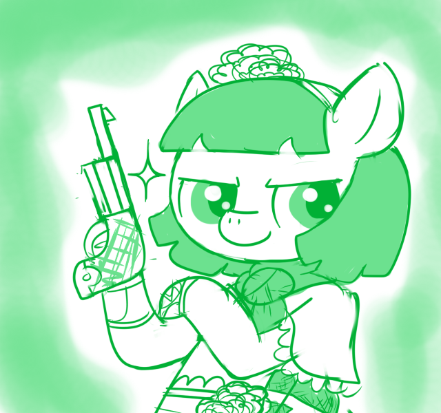 Size: 640x600 | Tagged: safe, artist:ficficponyfic, derpibooru import, part of a set, oc, oc:mulberry telltale, cyoa:madness in mournthread, bag, boot, confident, cyoa, female, flower, glint in eye, gun, handgun, handkerchief, headband, mare, monochrome, mystery, part of a series, pistol, pose, shawl, simple background, smiling, story included, weapon