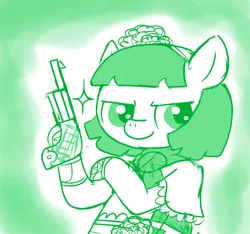 Size: 640x600 | Tagged: safe, artist:ficficponyfic, derpibooru import, part of a set, oc, oc:mulberry telltale, cyoa:madness in mournthread, bag, boot, confident, cyoa, female, flower, glint in eye, gun, handgun, handkerchief, headband, mare, monochrome, mystery, part of a series, pistol, pose, shawl, simple background, smiling, story included, weapon