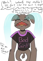 Size: 1000x1414 | Tagged: accidental abuse, artist:happy harvey, awkward, bad girl, clothes, collar, crying, derpibooru import, dialogue, diamond dog, diamond dog oc, drawn on phone, emotional abuse, eyes closed, female, female diamond dog, floppy ears, gift giving, good girl, misunderstanding, oc, offscreen character, open mouth, sad, safe, simple background, transparent background, unofficial characters only