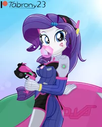 Size: 1224x1522 | Tagged: safe, artist:tabrony23, derpibooru import, rarity, equestria girls, bubblegum, chewing gum, clothes, cosplay, costume, d.va, female, food, gloves, gum, gun, high res, looking at you, overwatch, patreon, patreon logo, sexy, solo, weapon