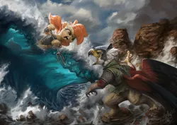 Size: 1440x1020 | Tagged: safe, artist:assasinmonkey, derpibooru import, oc, unofficial characters only, gryphon, seapony (g4), first contact war, armor, clothes, cloud, dramatic pose, fight, helmet, hoof hold, ocean, open mouth, trident, war, war face, water, wave, weapon
