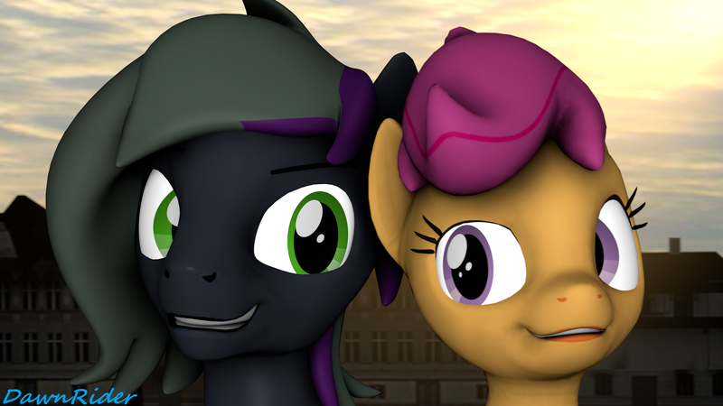 Size: 3840x2160 | Tagged: safe, artist:dawnyr, artist:dawnyrs, derpibooru import, scootaloo, oc, oc:rome silvanus, earth pony, pegasus, 3d, looking at each other, smiling, source filmmaker, town