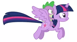 Size: 1576x856 | Tagged: safe, artist:wyattstonencc96230a, derpibooru import, spike, twilight sparkle, twilight sparkle (alicorn), alicorn, dragon, pony, dragons riding ponies, flying, riding, simple background, white background