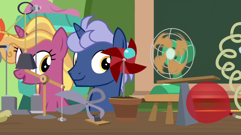 Size: 1920x1080 | Tagged: safe, derpibooru import, screencap, fire flicker, midnight snack (character), pony, unicorn, a horse shoe-in, background pony, electric fan, female, friendship student, male, mare, rube goldberg machine, scissors, stallion