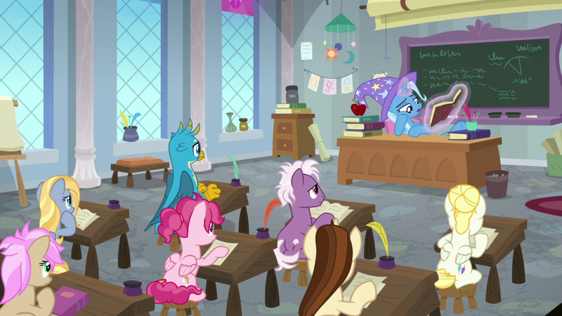 Size: 1920x1080 | Tagged: safe, derpibooru import, screencap, bifröst, dawnlighter, gallus, goldy wings, loganberry, strawberry scoop, summer breeze, trixie, gryphon, pegasus, pony, unicorn, a horse shoe-in, background pony, classroom, clothes, desk, female, friendship student, hat, magic, magic aura, male, mare, sitting, stallion, telekinesis, trixie's hat